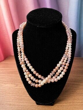 Pearl and Pink Crystal Multi-Strand Necklace